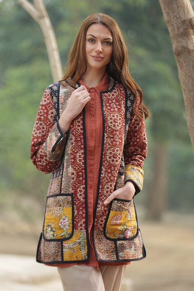 Cotton Patchwork Jacket with Kantha Stitching - Floral Fusion | NOVICA