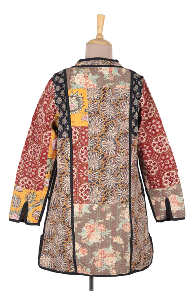 Chaqueta de algodón patchwork, 'Floral Fusion' - Chaqueta patchwork de algodón con costuras Kantha