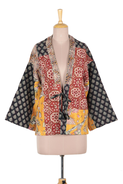 Kimonojacke aus Baumwolle-Patchwork - Patchwork-Jacke im Kimono-Stil aus Indien
