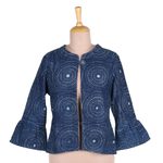 Block-printed cotton jacket, 'Mesmerizing Indigo' - Circle Motif Block-Printed Cotton Jacket from India