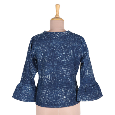 Block-printed cotton jacket, 'Mesmerizing Indigo' - Circle Motif Block-Printed Cotton Jacket from India