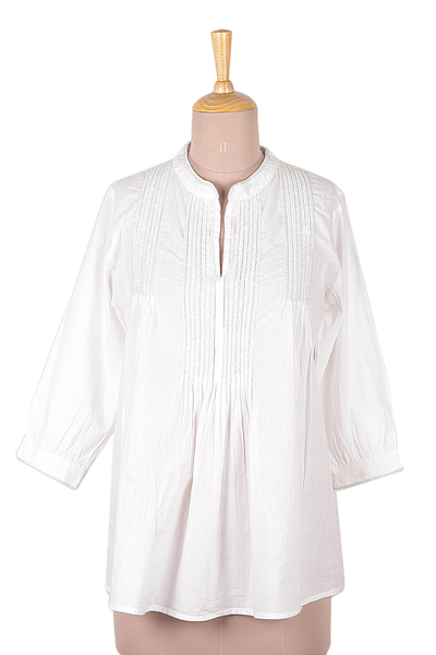Cotton pintuck beaded blouse, 'Udaipur Lake in White' - White Cotton Blouse with Beadwork and Pintucks