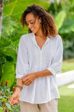 Cotton pintuck beaded blouse 'Udaipur Lake' - White Cotton Blouse with Beadwork and Pintucks