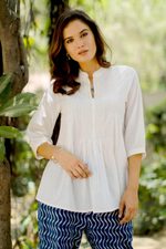 Cotton pintuck beaded blouse 'Udaipur Lake' - White Cotton Blouse with Beadwork and Pintucks