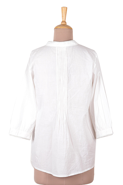 Cotton pintuck beaded blouse, 'Udaipur Lake in White' - White Cotton Blouse with Beadwork and Pintucks