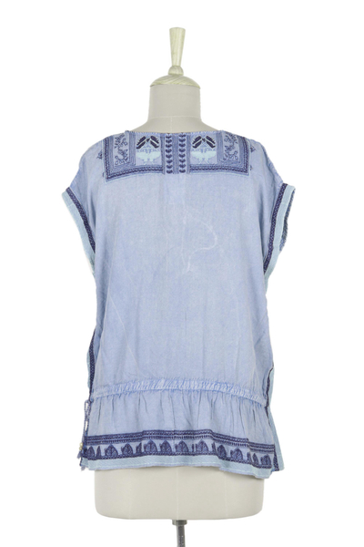 Light Blue Embroidered Viscose Blouse - Jaipur Chic | NOVICA
