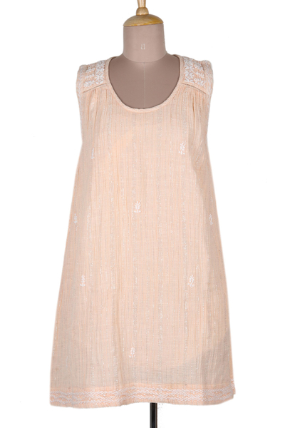 Short Cotton Lined Peach Dress with Hand Embroidery
