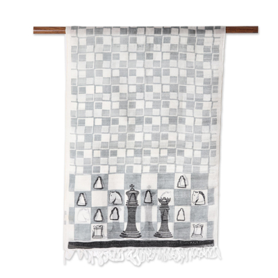 Silk scarf, 'Royal Game' - Chess-Themed Hand-Painted Silk Scarf from India