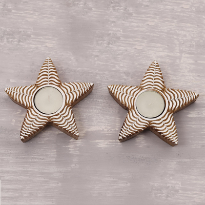 Mango wood tealight holders, 'Ferny Stars' (pair) - Fern Pattern Star Mango Wood Tealight Holders (Pair)