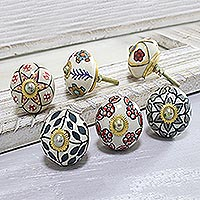 Ceramic knobs, 'Harmonious Flowers' (set of 6) - Colorful Floral Ceramic Knobs from India (Set of 6)