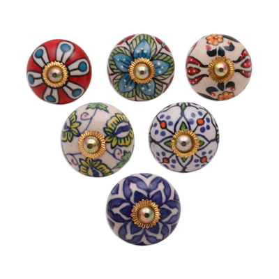 Ceramic knobs, 'Floral Union' (set of 6) - Floral Motif Ceramic Knobs from India (Set of 6)