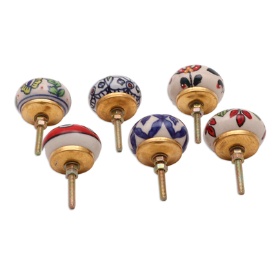 Ceramic knobs, 'Floral Union' (set of 6) - Floral Motif Ceramic Knobs from India (Set of 6)