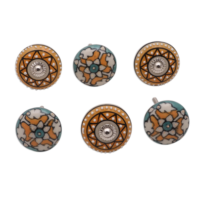 Ceramic knobs, 'Timeless Floral' (set of 6) - Ceramic Knobs with Hand-Painted Floral Designs (Set of 6)