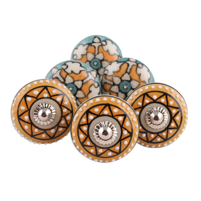 Ceramic knobs, 'Timeless Floral' (set of 6) - Ceramic Knobs with Hand-Painted Floral Designs (Set of 6)