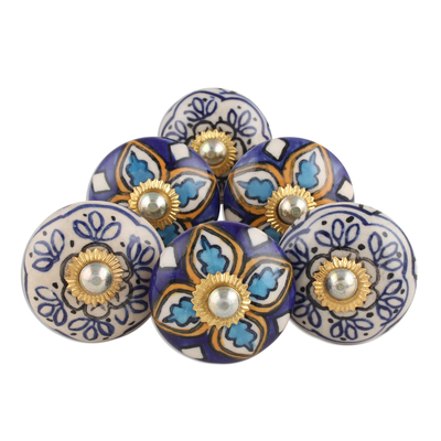 Ceramic knobs, 'Royal Garden' (set of 6) - Multicolored Floral Ceramic Knobs from India (Set of 6)