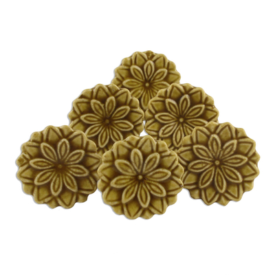 Ceramic knobs, 'Brown Blossoms' (set of 6) - Brown Floral Ceramic Knobs from India (Set of 6)