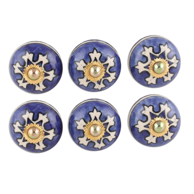 Ceramic knobs, 'Starry Brilliance' (set of 6) - Star Motif Ceramic Knobs from India (Set of 6)