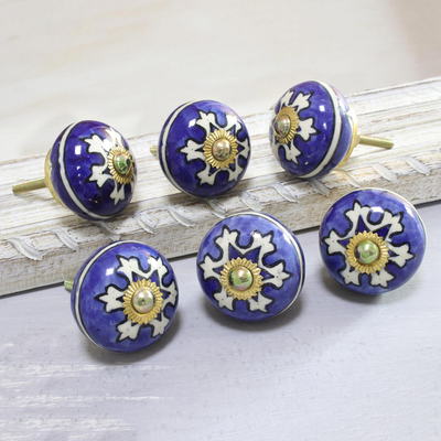 Ceramic knobs, 'Starry Brilliance' (set of 6) - Star Motif Ceramic Knobs from India (Set of 6)