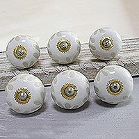 Artisan Crafted Ceramic Knobs in White from India (Set of 6),'White Glory'