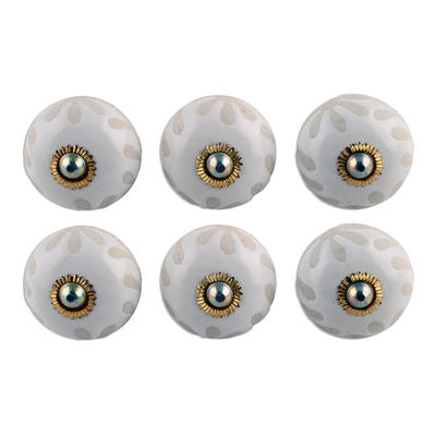 Ceramic knobs, 'White Glory' (set of 6) - Artisan Crafted Ceramic Knobs in White from India (Set of 6)