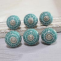 Ceramic knobs, 'Turquoise Layers' (set of 6) - Hand-Painted Ceramic Knobs in Turquoise (Set of 6)