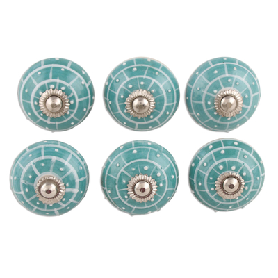 Keramikknöpfe, 'Turquoise Layers' (6er-Set) - Handbemalte Keramikknöpfe in Türkis (6er-Set)
