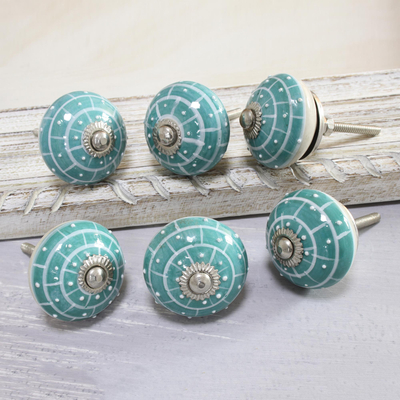 Keramikknöpfe, 'Turquoise Layers' (6er-Set) - Handbemalte Keramikknöpfe in Türkis (6er-Set)
