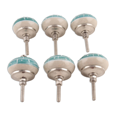 Ceramic knobs, 'Turquoise Layers' (set of 6) - Hand-Painted Ceramic Knobs in Turquoise (Set of 6)