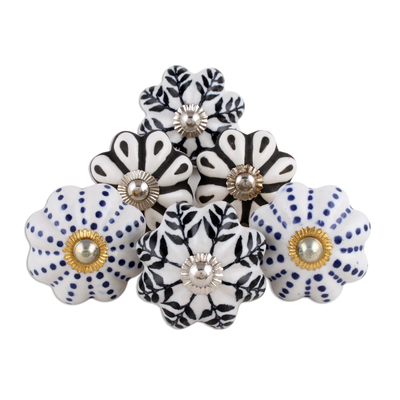 Ceramic knobs, 'Flowery Union' (set of 6) - Floral Ceramic Knobs with Hand-Painted Designs (Set of 6)