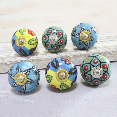 Ceramic knobs, 'Charming Globes' (set of 6) - Vibrant Floral Ceramic Knobs from India (Set of 6)