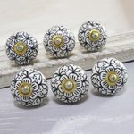 Ceramic knobs, 'Intricate Blossoms' (set of 6) - Black and White Floral Ceramic Knobs from India (Set of 6)