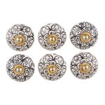 Ceramic knobs, 'Intricate Blossoms' (set of 6) - Black and White Floral Ceramic Knobs from India (Set of 6)