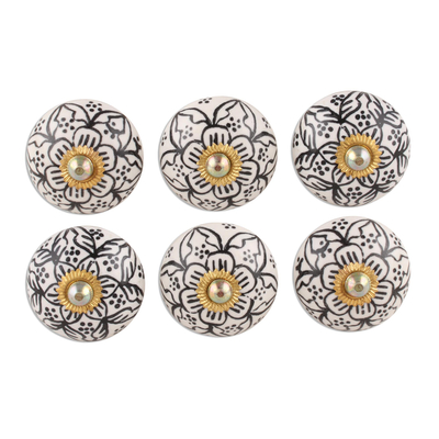 Ceramic knobs, 'Intricate Blossoms' (set of 6) - Black and White Floral Ceramic Knobs from India (Set of 6)