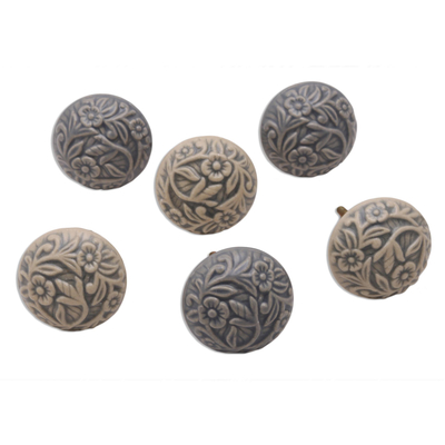 Ceramic knobs, 'Elegant Floral' (set of 6) - Grey and Ivory Floral Ceramic Knobs from India (Set of 6)