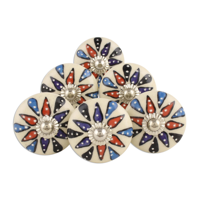 Ceramic knobs, 'Blissful Floral' (set of 6) - Artisan Crafted Floral Ceramic Knobs from India (Set of 6)
