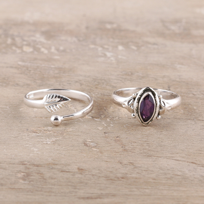 Amethyst and sterling silver rings, 'Royal Delight' (pair) - Amethyst and Sterling Silver Rings from India (Pair)