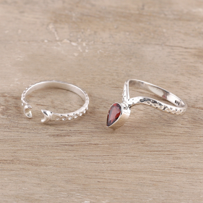 Garnet and sterling silver rings, 'Delightful Glimmer' (pair) - Garnet and Sterling Silver Rings from India (Pair)