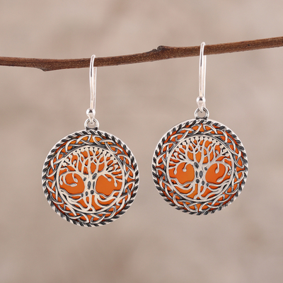 Carnelian dangle earrings, 'Tree Grandeur' - Tree Pattern Carnelian Dangle Earrings from India