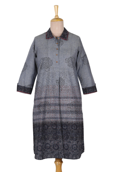 Block-printed cotton shirtdress, 'Dusky Elegance' - Block-Printed Cotton Shirtdress from India
