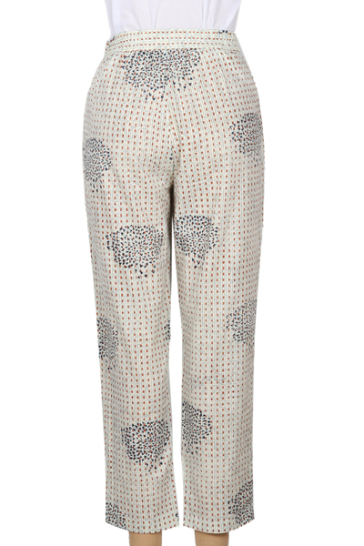 Pantalones de algodón con estampado block - Pantalones de algodón marfil con estampado de bloques a mano
