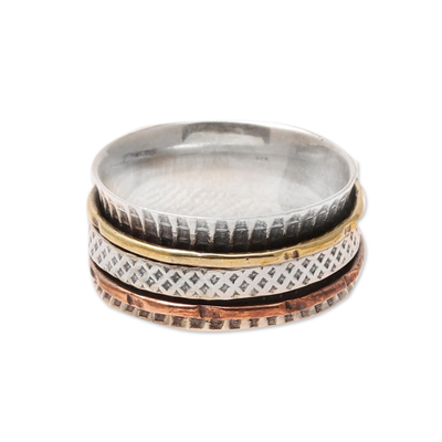 Sterling silver spinner ring, 'Rotating Unity' - Patterned Sterling Silver Spinner Ring from India