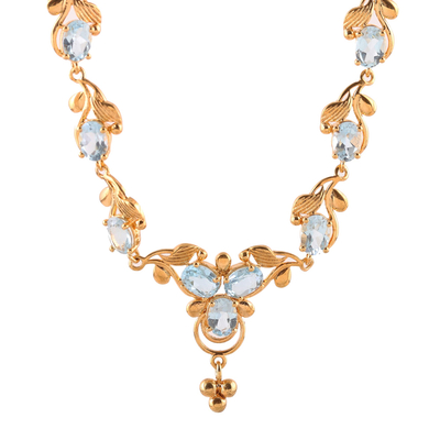 Gold plated blue topaz pendant necklace, 'Azure Glitter' - Gold Plated 15-Carat Blue Topaz Link Necklace from India