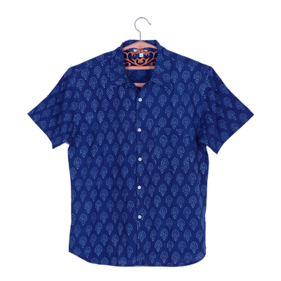 Herren-Baumwollhemd mit Blockdruck - Blockbedrucktes Indigo-Baumwollhemd für Herren aus Indien