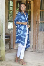 Block-printed cotton shawl, 'Indigo Moons' - Moon Motif Block-Printed Cotton Shawl from India