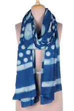 Block-printed cotton shawl, 'Indigo Moons' - Moon Motif Block-Printed Cotton Shawl from India