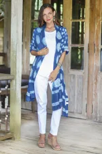 Block-printed cotton shawl, 'Indigo Moons' - Moon Motif Block-Printed Cotton Shawl from India