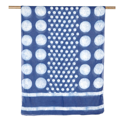 Block-printed cotton shawl, 'Indigo Moons' - Moon Motif Block-Printed Cotton Shawl from India