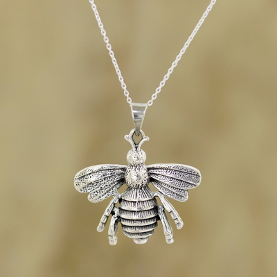 Sterling silver pendant necklace, 'Humming Bee' - Sterling Silver Bee Pendant Necklace from India