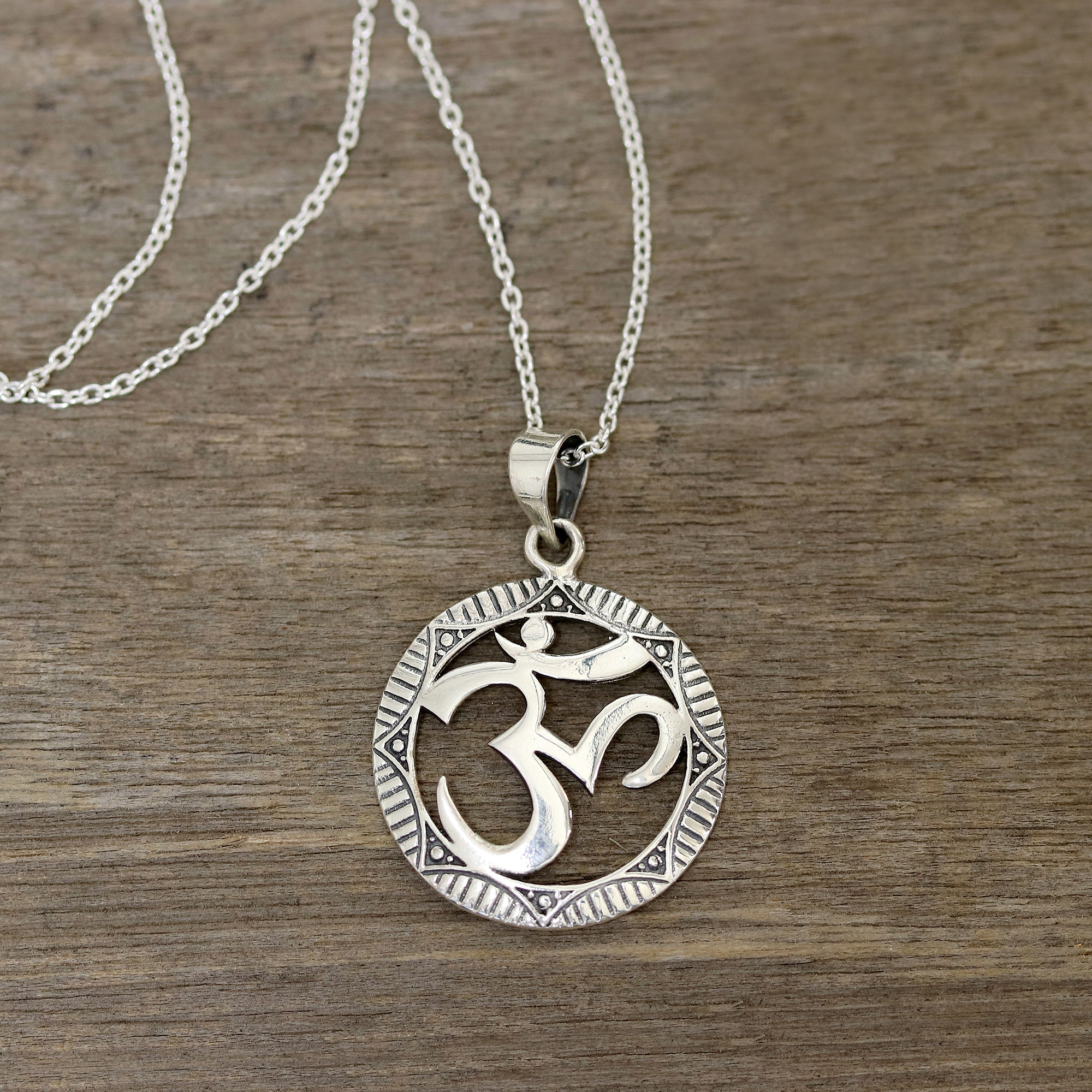 Sterling Silver Om Pendant Necklace from India - Meditative Medallion ...