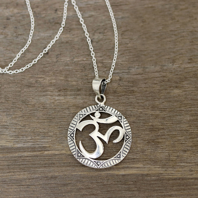 Sterling silver pendant necklace, 'Meditative Medallion' - Sterling Silver Om Pendant Necklace from India